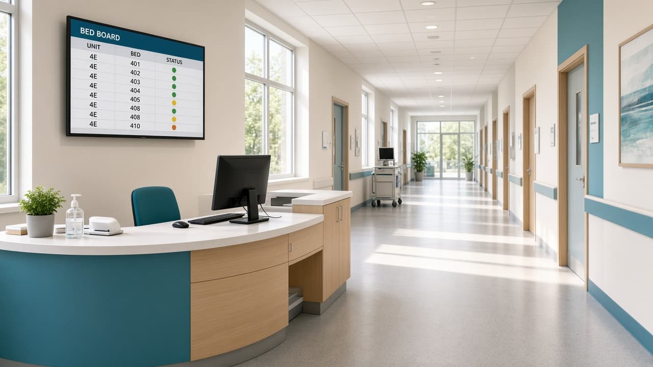 Hospital ward with a bed board on screen